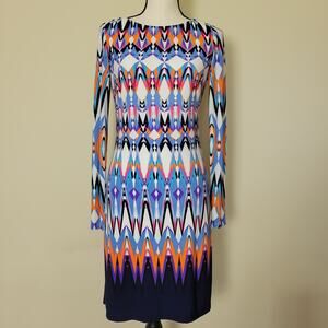 Vince Camuto Size 2 Lined Sheath Dress Long Sleeve Knee Length Vibrant Geometric